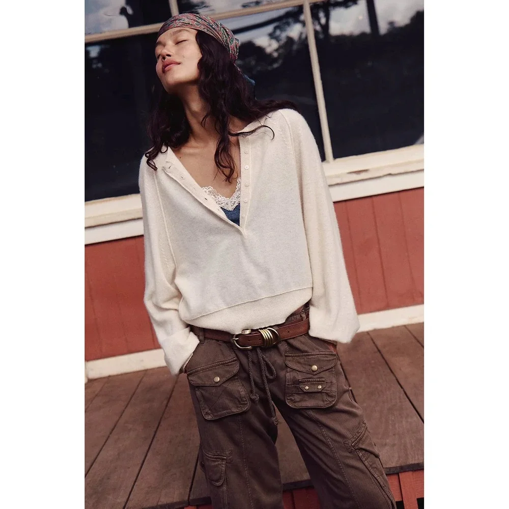 Free People Women 100% Cashmere Sweater Large Pearl Porta Henley